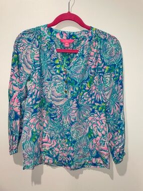Lilly Pulitzer Elsa Floral Print Long-Sleeve Blouse in Teal and Pink